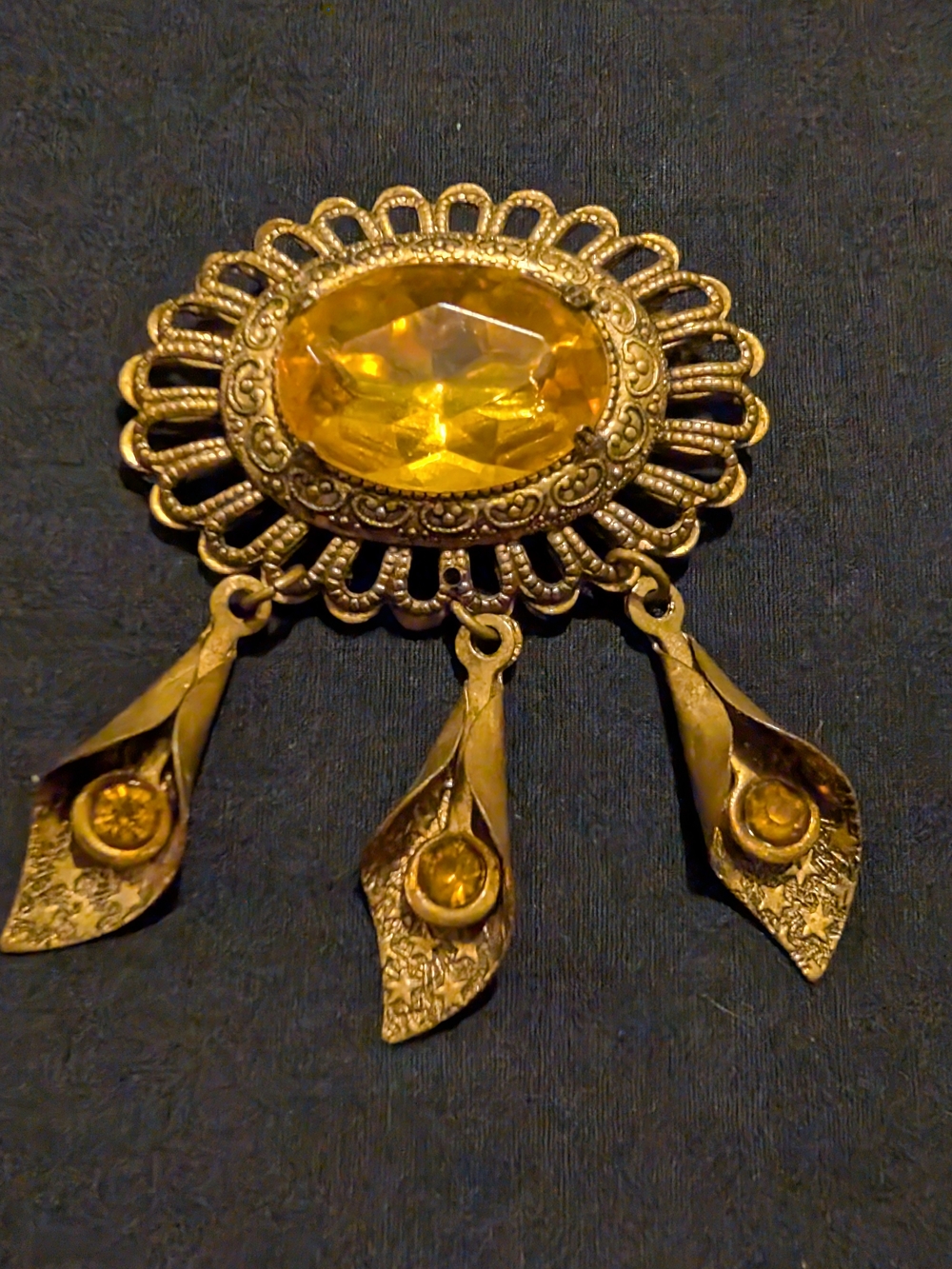 Vintage-Style Gold Tone Yellow Crystal Dangle Brooch